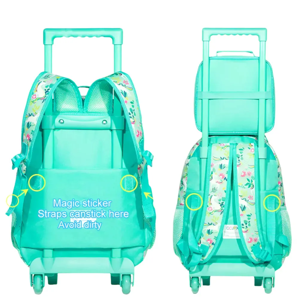 3 Piece Girls Rolling Backpack Set With Lunch Bag Unicorn Design