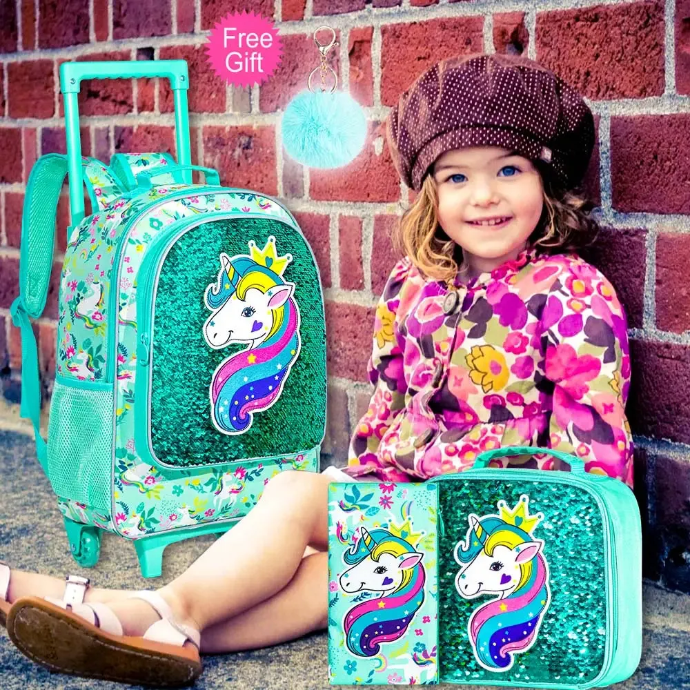 3 Piece Girls Rolling Backpack Set With Lunch Bag Unicorn Design