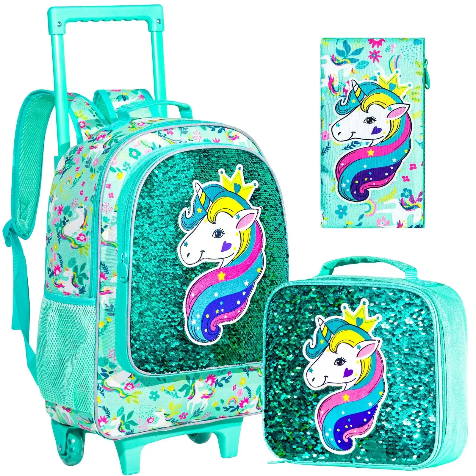 3 Piece Girls Rolling Backpack Set With Lunch Bag Unicorn Design