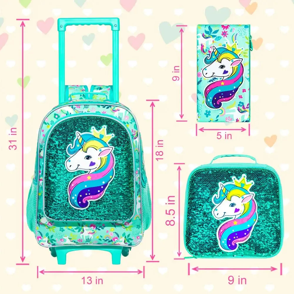 3 Piece Girls Rolling Backpack Set With Lunch Bag Unicorn Design