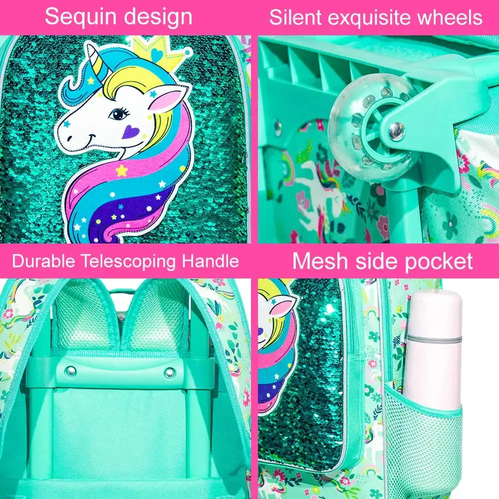 3 Piece Girls Rolling Backpack Set With Lunch Bag Unicorn Design