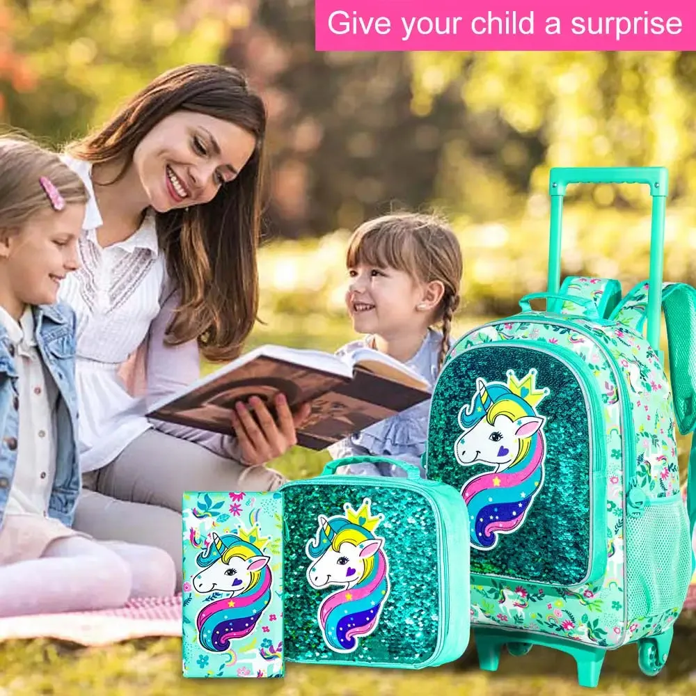 3 Piece Girls Rolling Backpack Set With Lunch Bag Unicorn Design