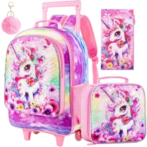 3 Piece Girls Rolling Backpack Set With Lunch Box