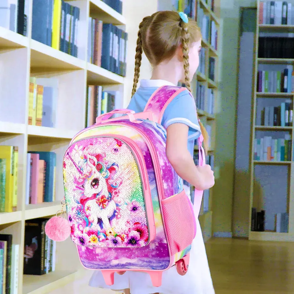 3 Piece Girls Rolling Backpack Set With Lunch Box
