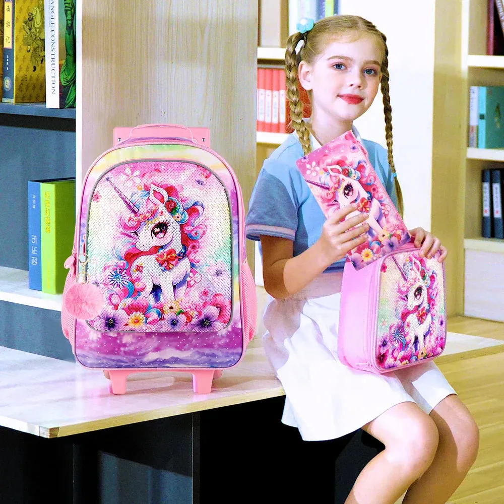 3 Piece Girls Rolling Backpack Set With Lunch Box