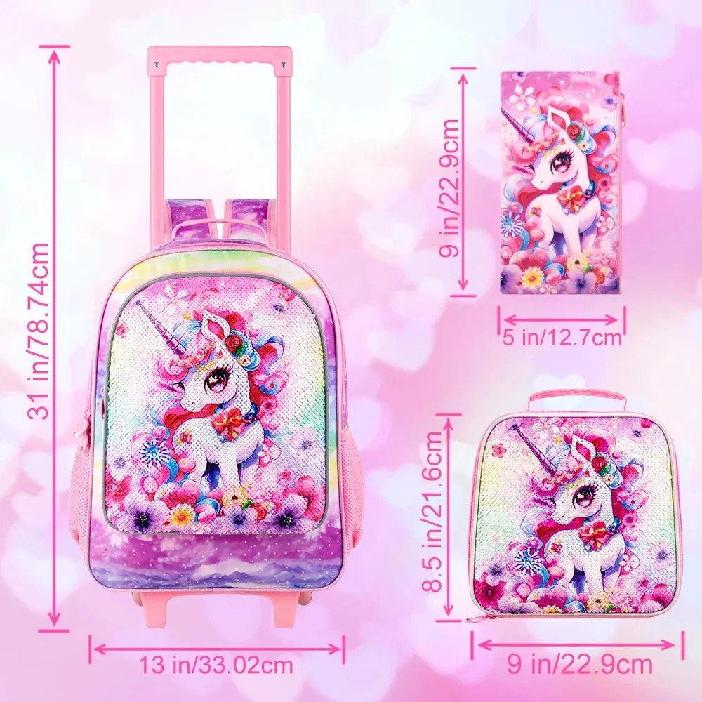 3 Piece Girls Rolling Backpack Set With Lunch Box
