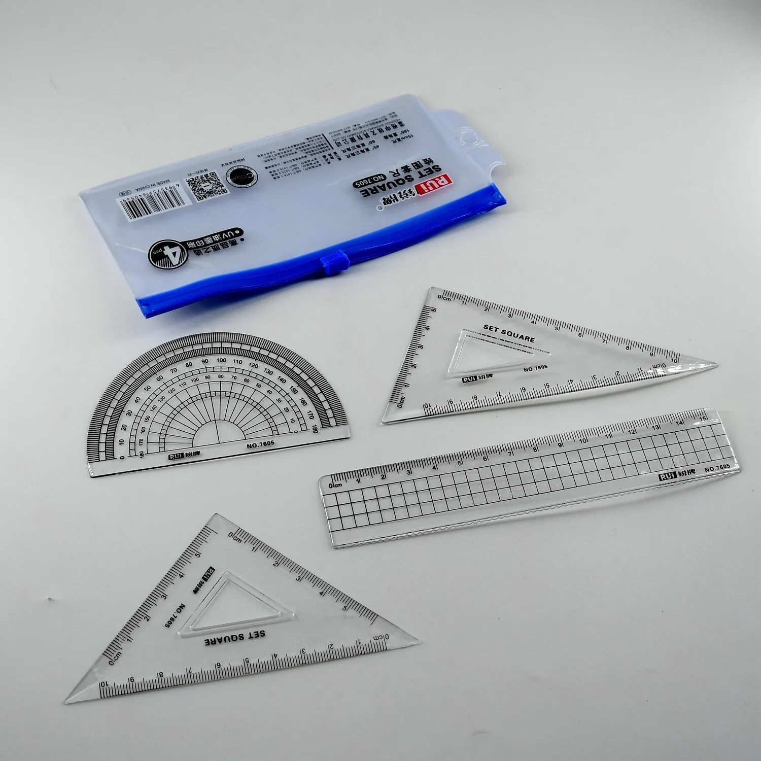 7915 Math Geometry Tool Plastic Clear Ruler Sets, Protractor, Triangle Math Architectural Tools 4 Pieces