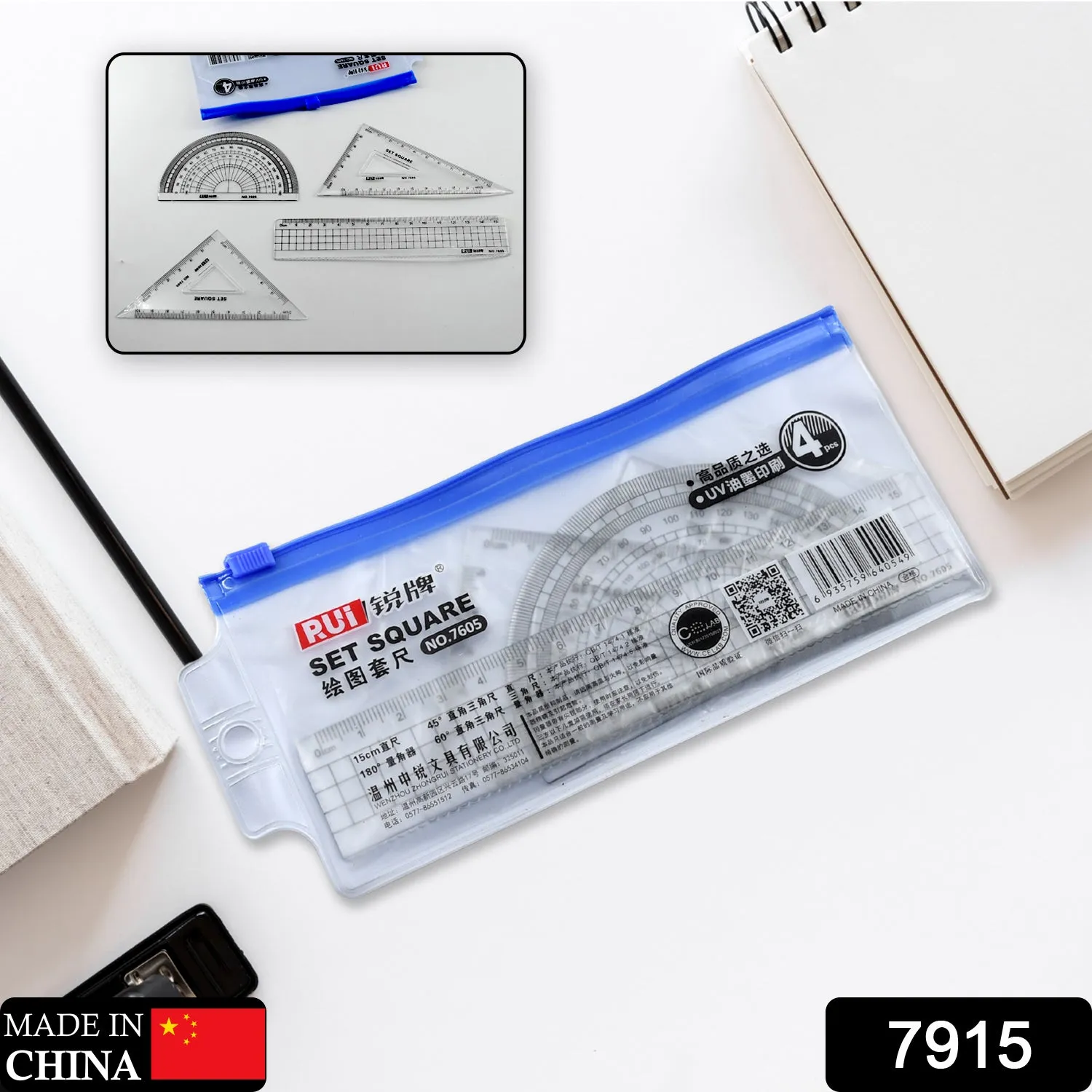 7915 Math Geometry Tool Plastic Clear Ruler Sets, Protractor, Triangle Math Architectural Tools 4 Pieces