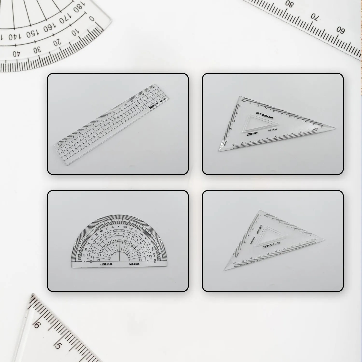 7915 Math Geometry Tool Plastic Clear Ruler Sets, Protractor, Triangle Math Architectural Tools 4 Pieces