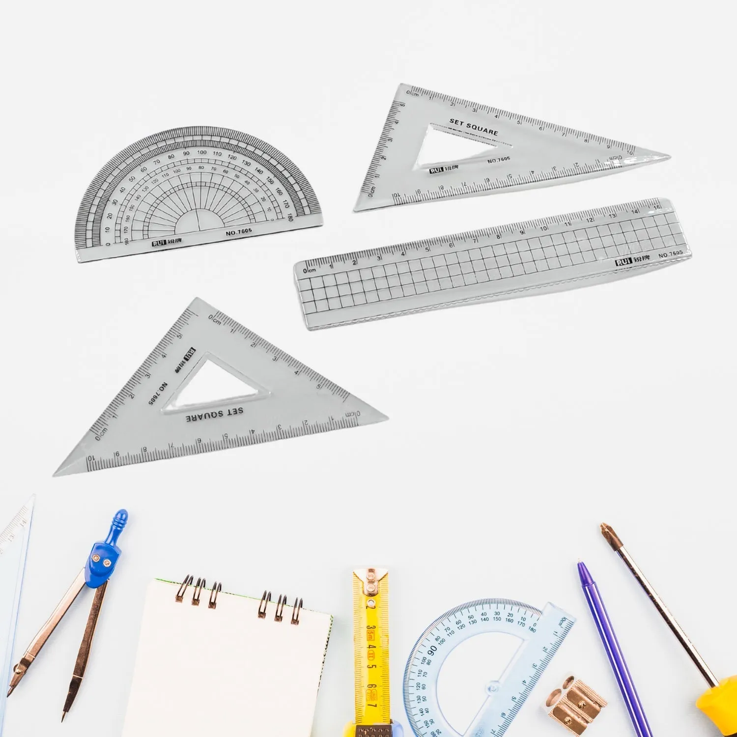 7915 Math Geometry Tool Plastic Clear Ruler Sets, Protractor, Triangle Math Architectural Tools 4 Pieces