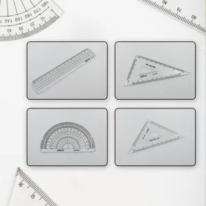7915 Math Geometry Tool Plastic Clear Ruler Sets, Protractor, Triangle Math Architectural Tools 4 Pieces