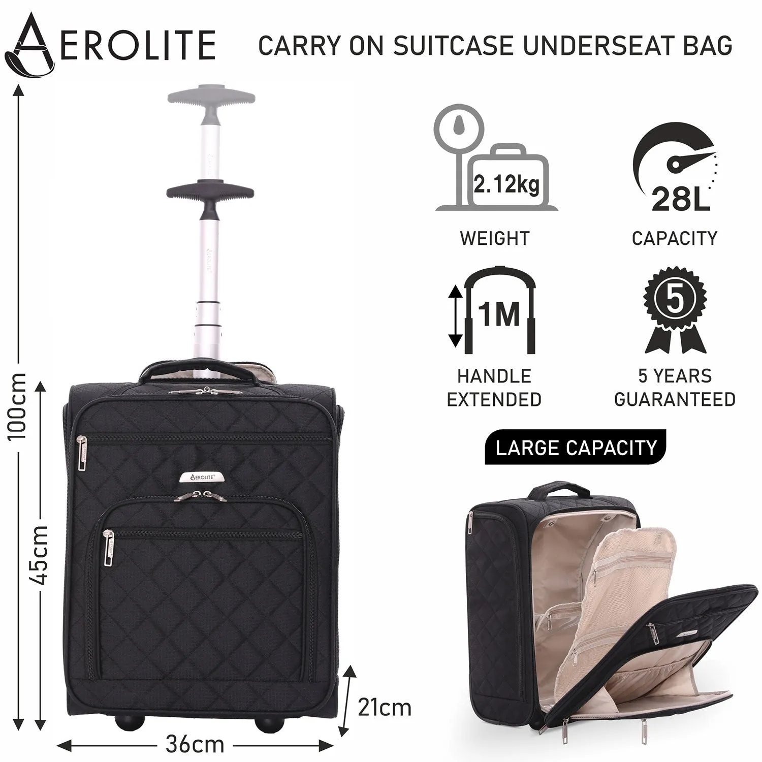 Aerolite 45x36x20cm Easyjet Maximum Carry On Cabin Under Seat Trolley Hand Luggage With High Mileage Wheels & SBS Zips, Latest 2024 Model, 5 Years Warranty