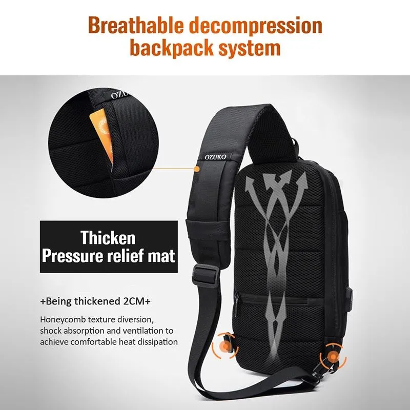 Anti Theft Men Waterproof Crossbody Bag With USB Port