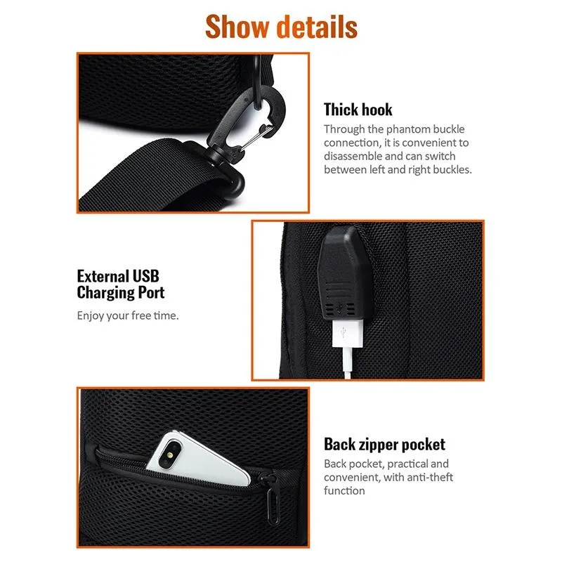 Anti Theft Men Waterproof Crossbody Bag With USB Port