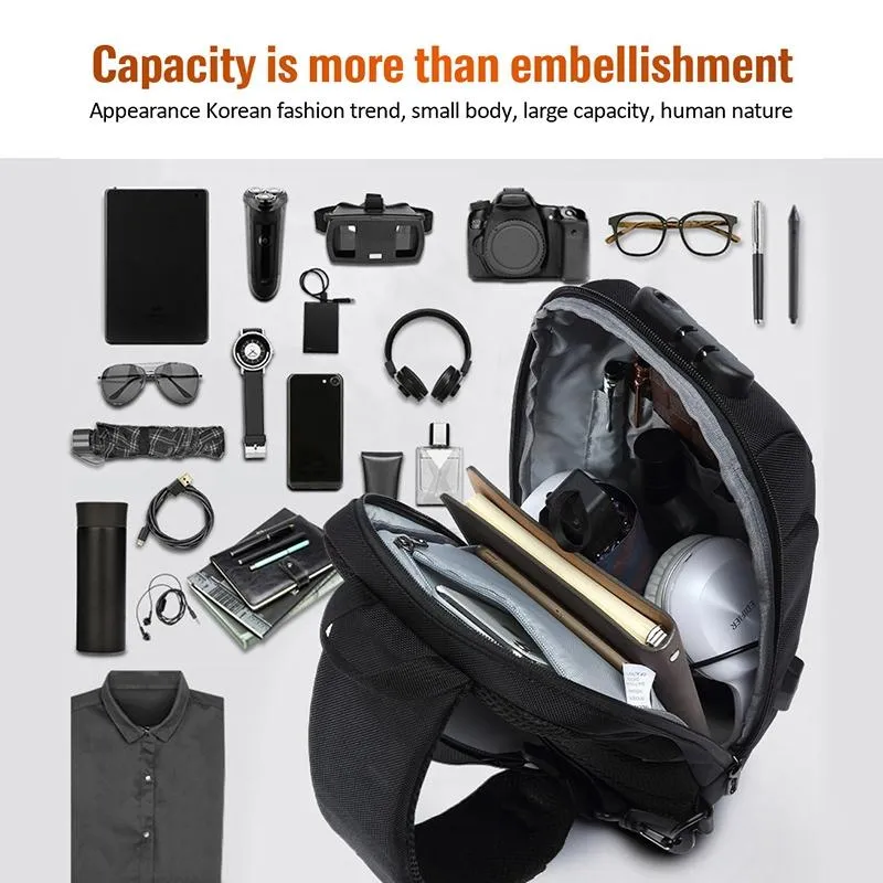 Anti Theft Men Waterproof Crossbody Bag With USB Port