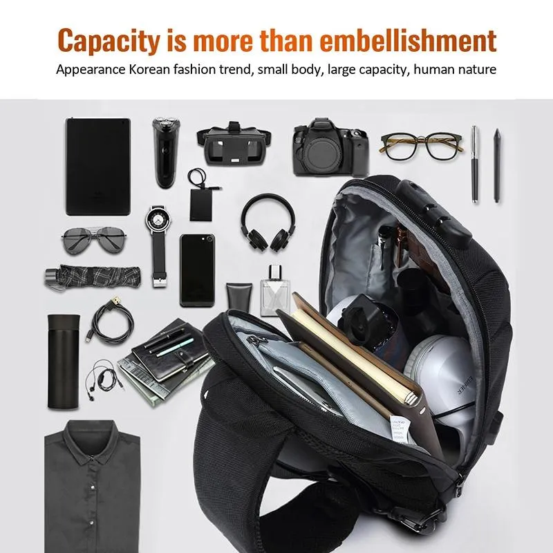 Anti Theft Men Waterproof Crossbody Bag With USB Port