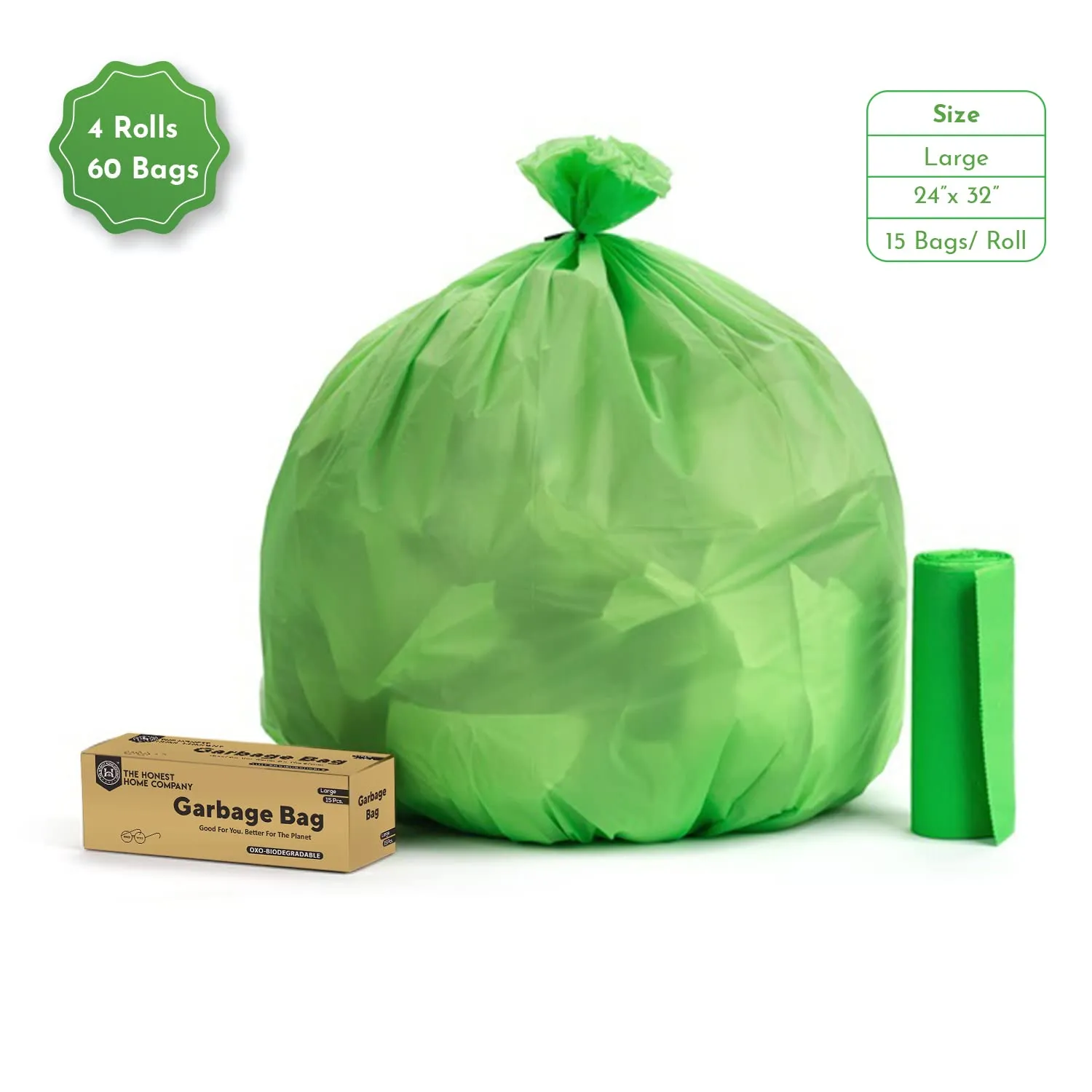Biodegradable Large Garbage Bags- 60 Bags (15 x 4 Rolls)- Green