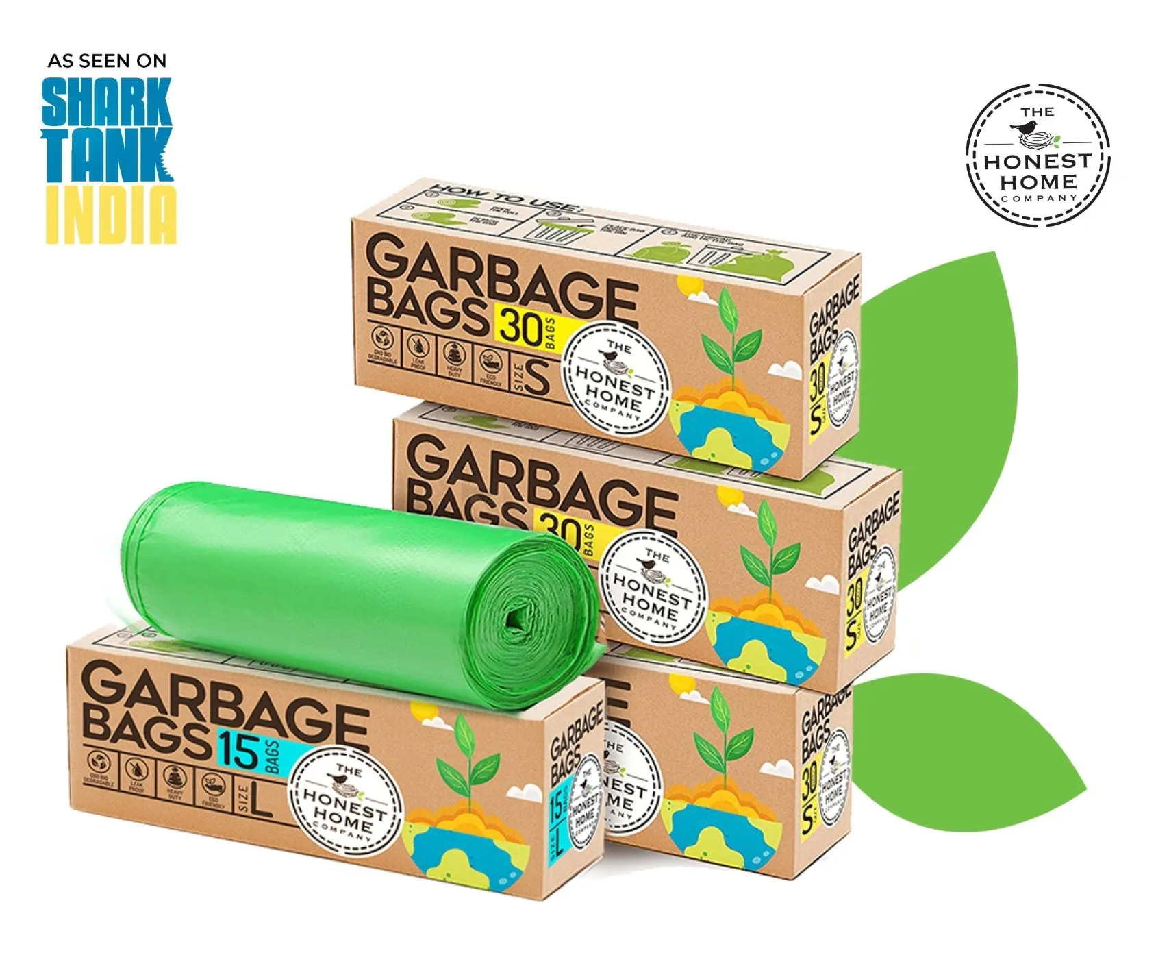 Biodegradable Large Garbage Bags- 60 Bags (15 x 4 Rolls)- Green