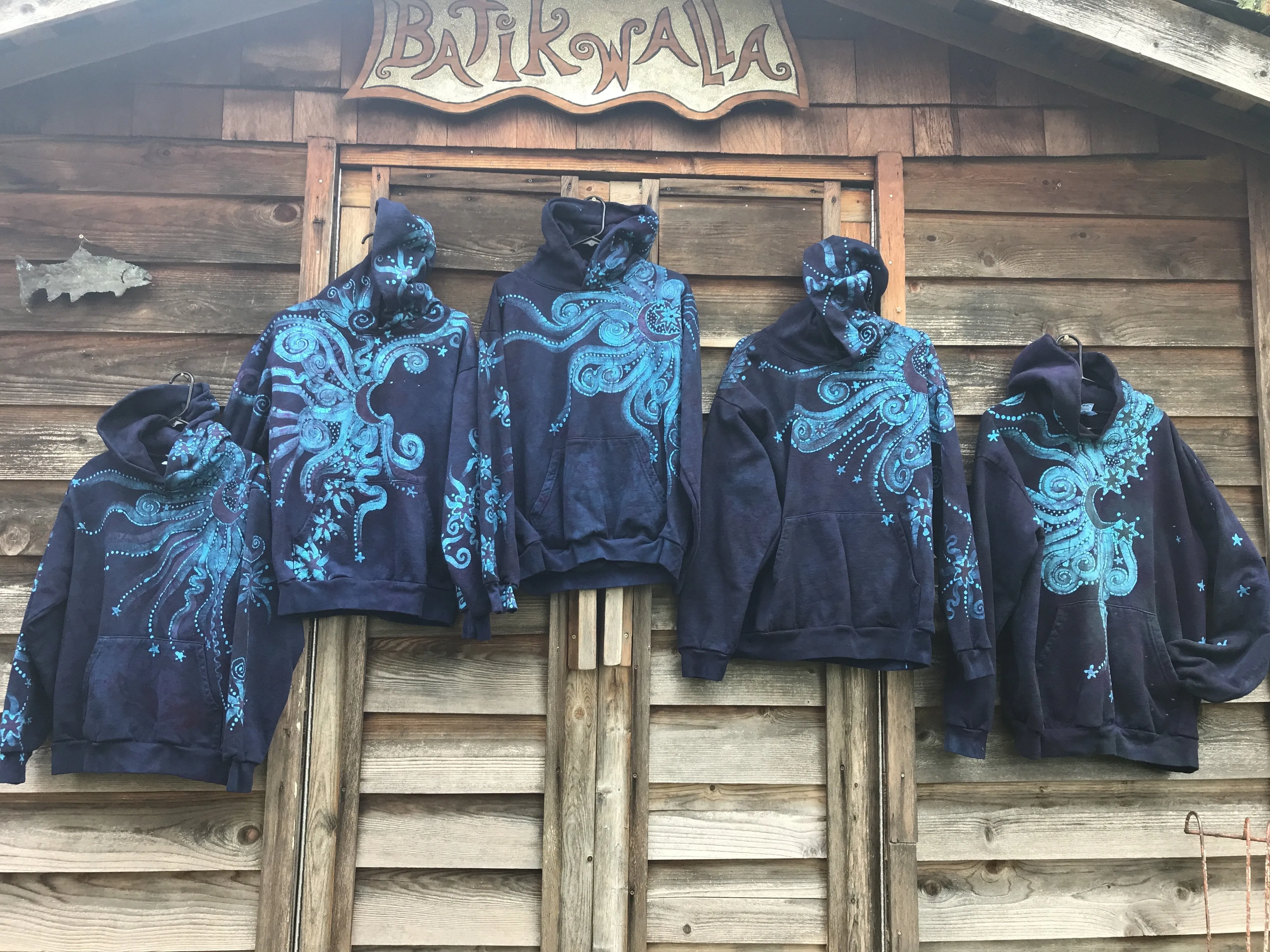 Blue Moon Pullover Hoodie - Handcrafted Batik Creation - Size Large