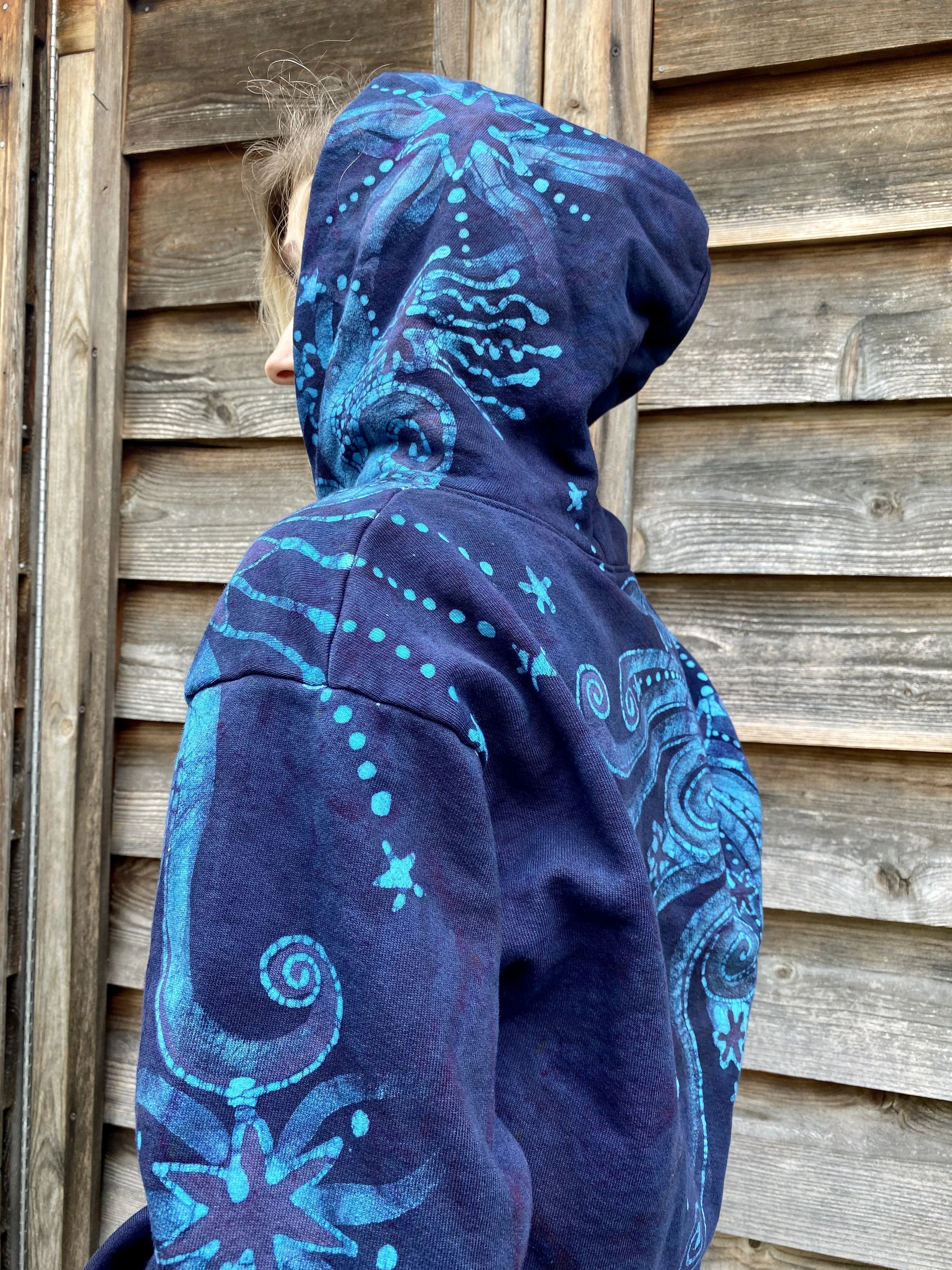 Blue Moon Pullover Hoodie - Handcrafted Batik Creation - Size Large
