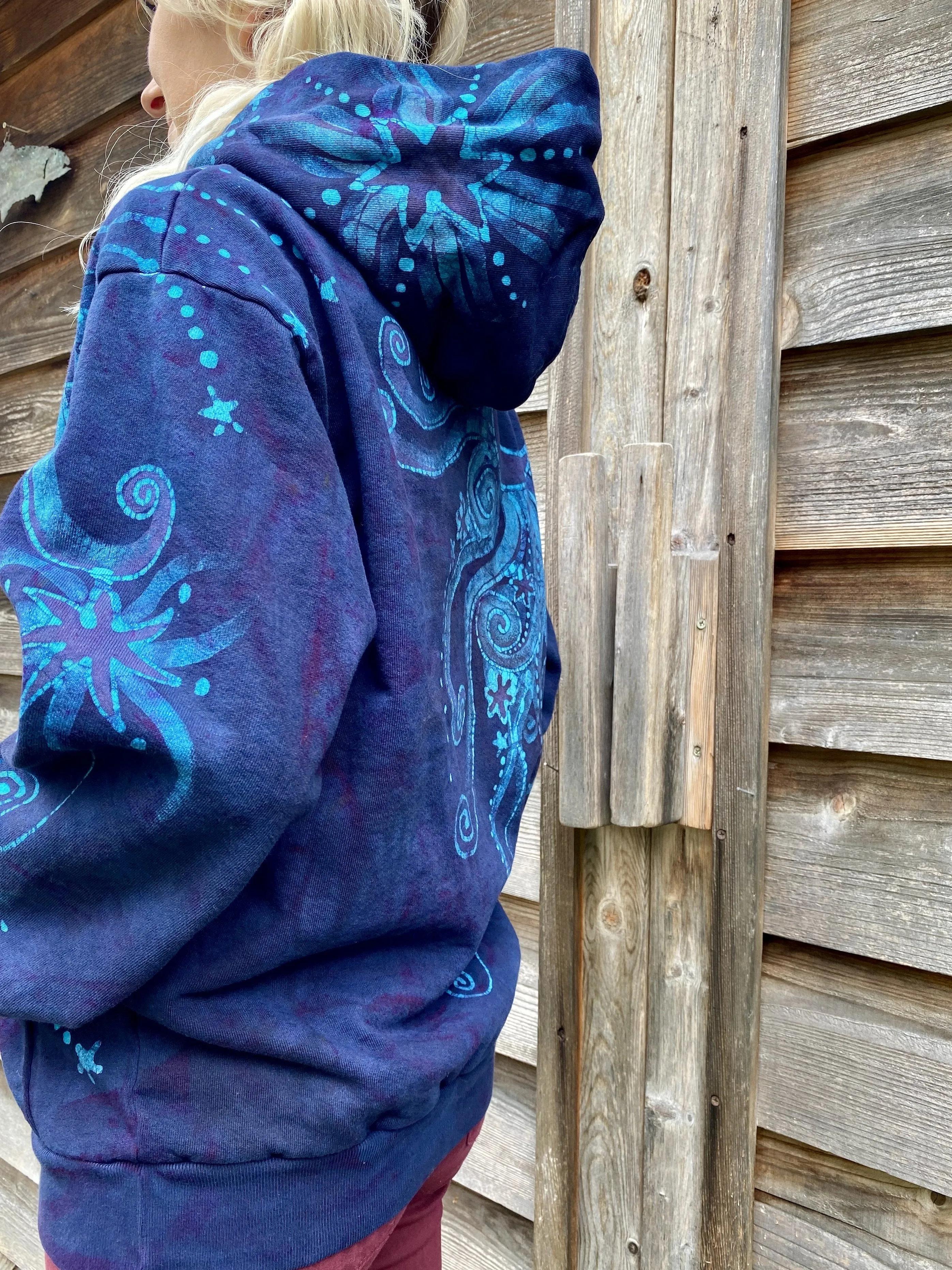 Blue Moon Pullover Hoodie - Handcrafted Batik Creation - Size Large