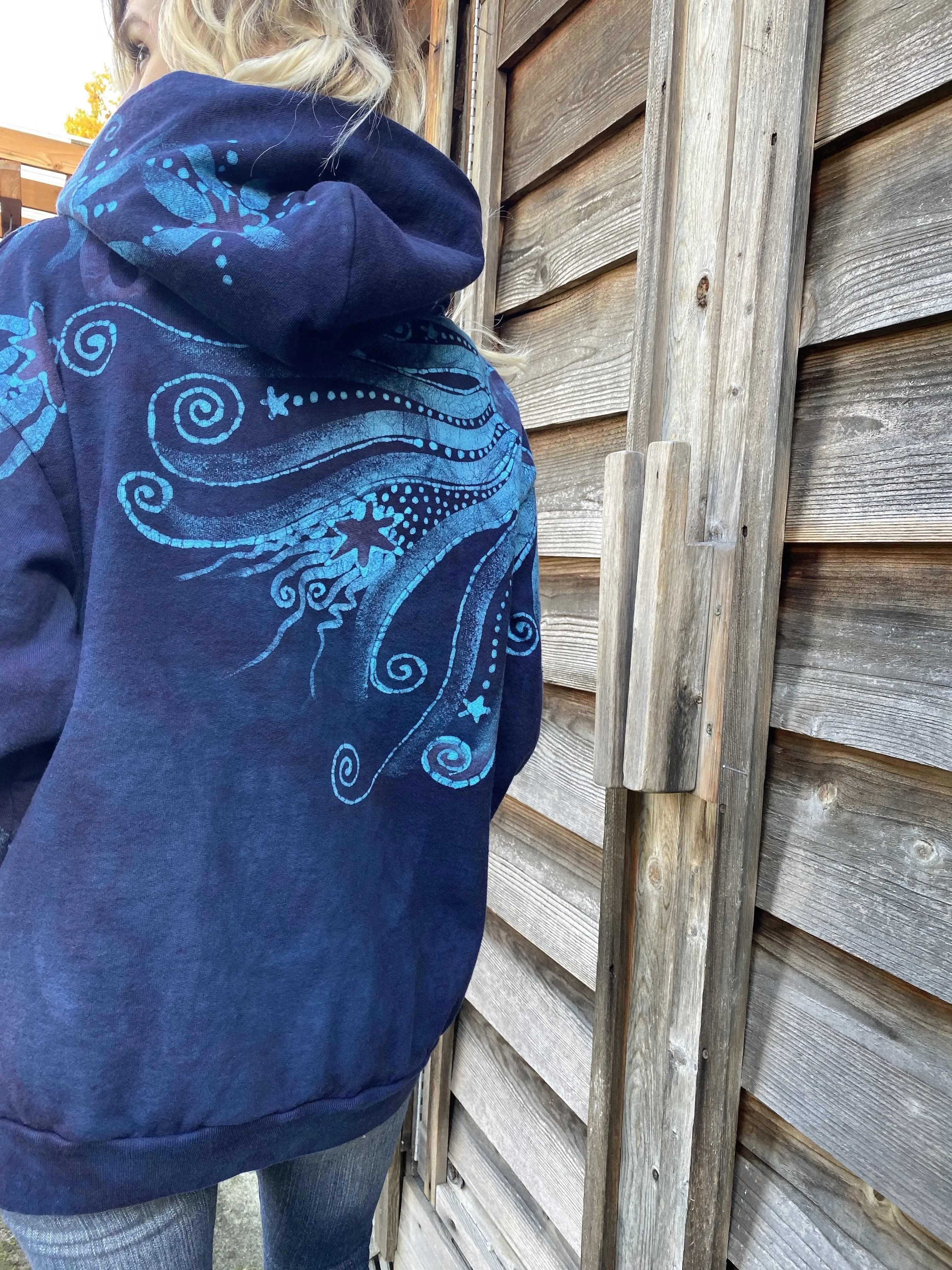 Blue Moon Pullover Hoodie - Handcrafted Batik Creation - Size Large
