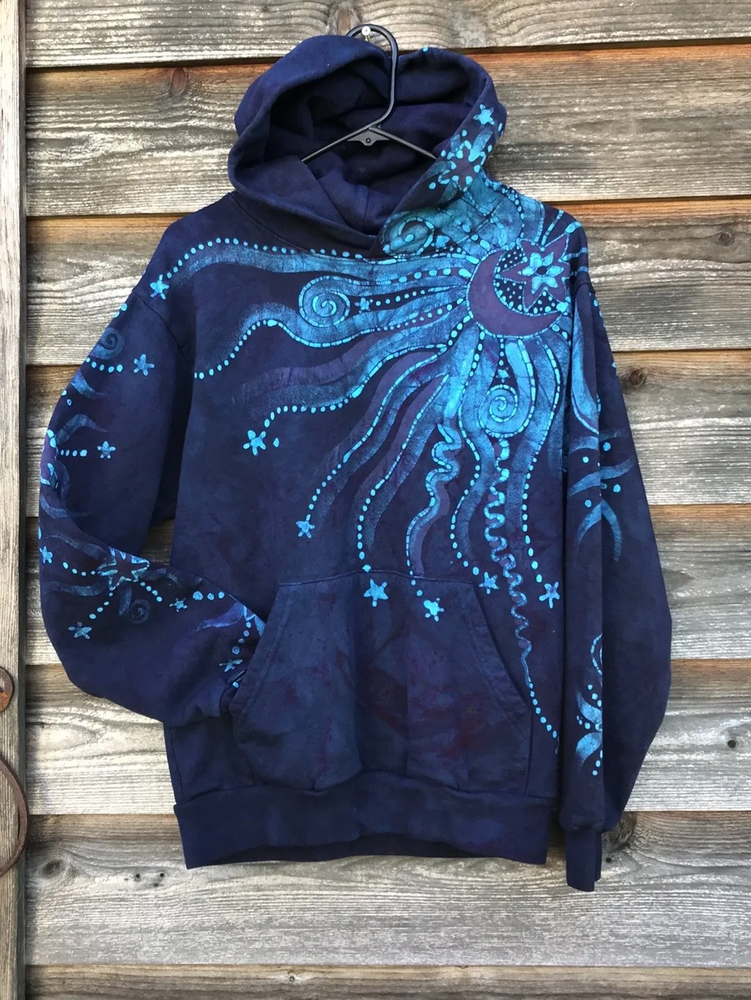 Blue Moon Pullover Hoodie - Handcrafted Batik Creation - Size Large