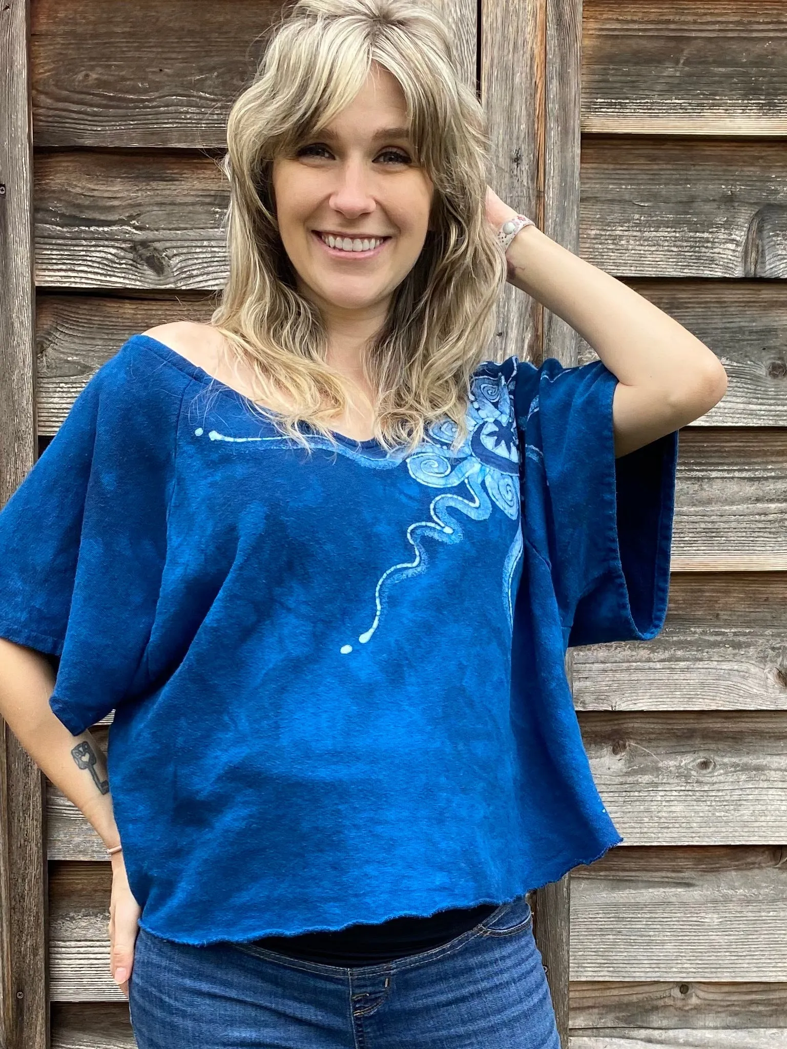 Bluest of Moons Organic Cotton Terry Handmade Batik Top - L/XL (Extremely Oversized)