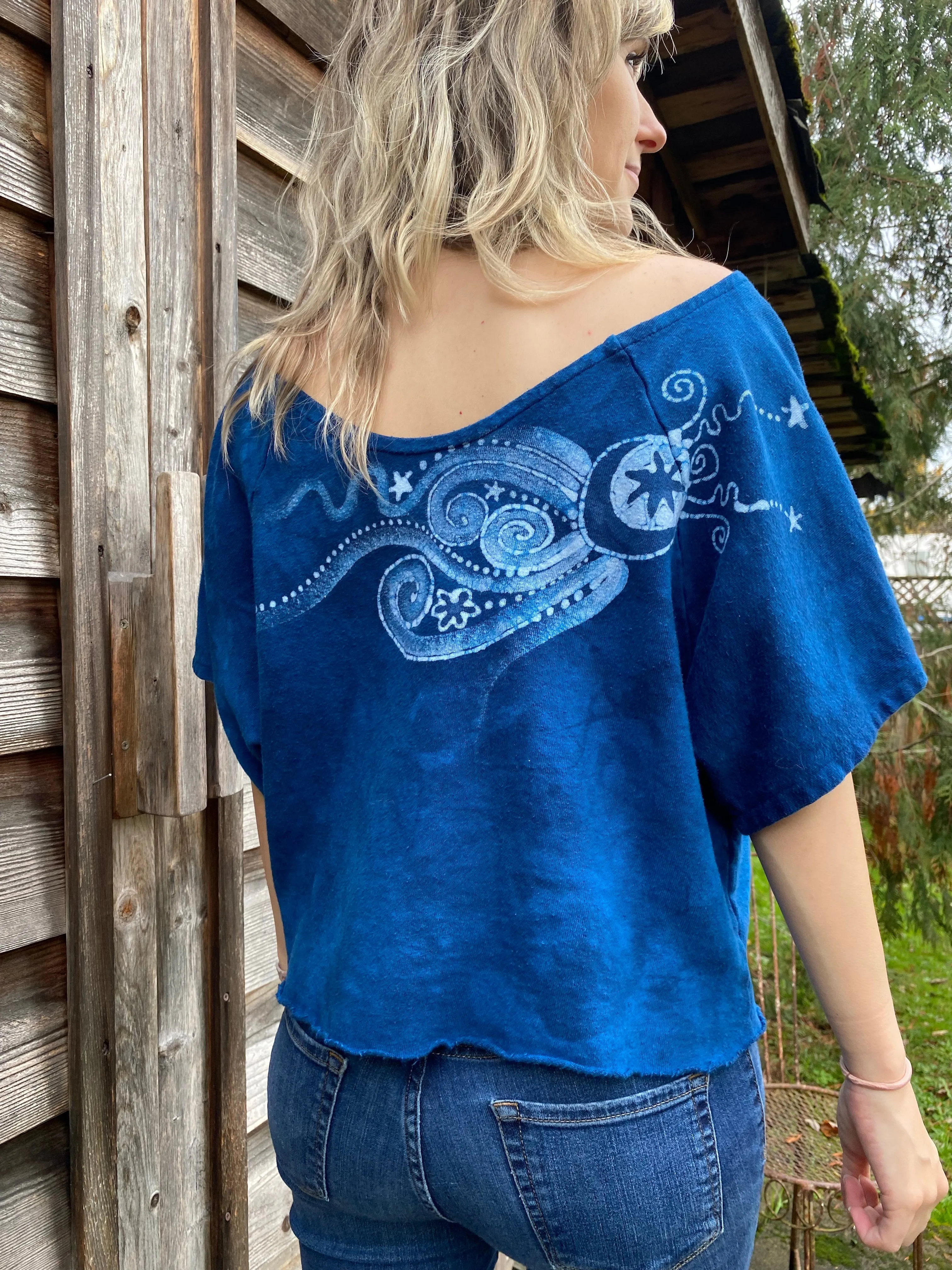 Bluest of Moons Organic Cotton Terry Handmade Batik Top - L/XL (Extremely Oversized)