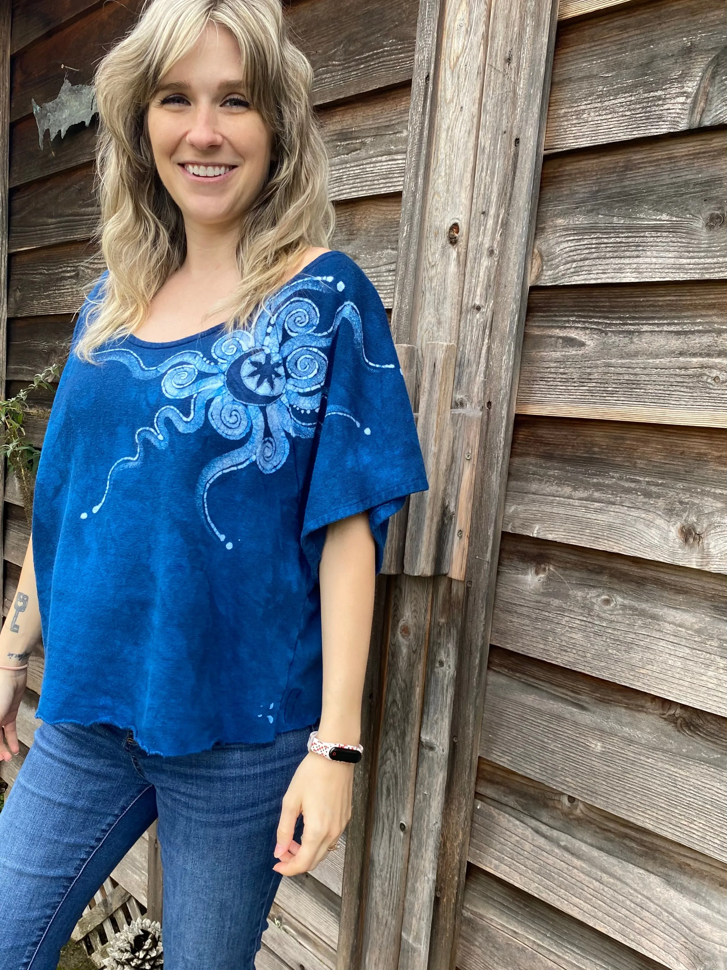 Bluest of Moons Organic Cotton Terry Handmade Batik Top - M/L (Oversized)