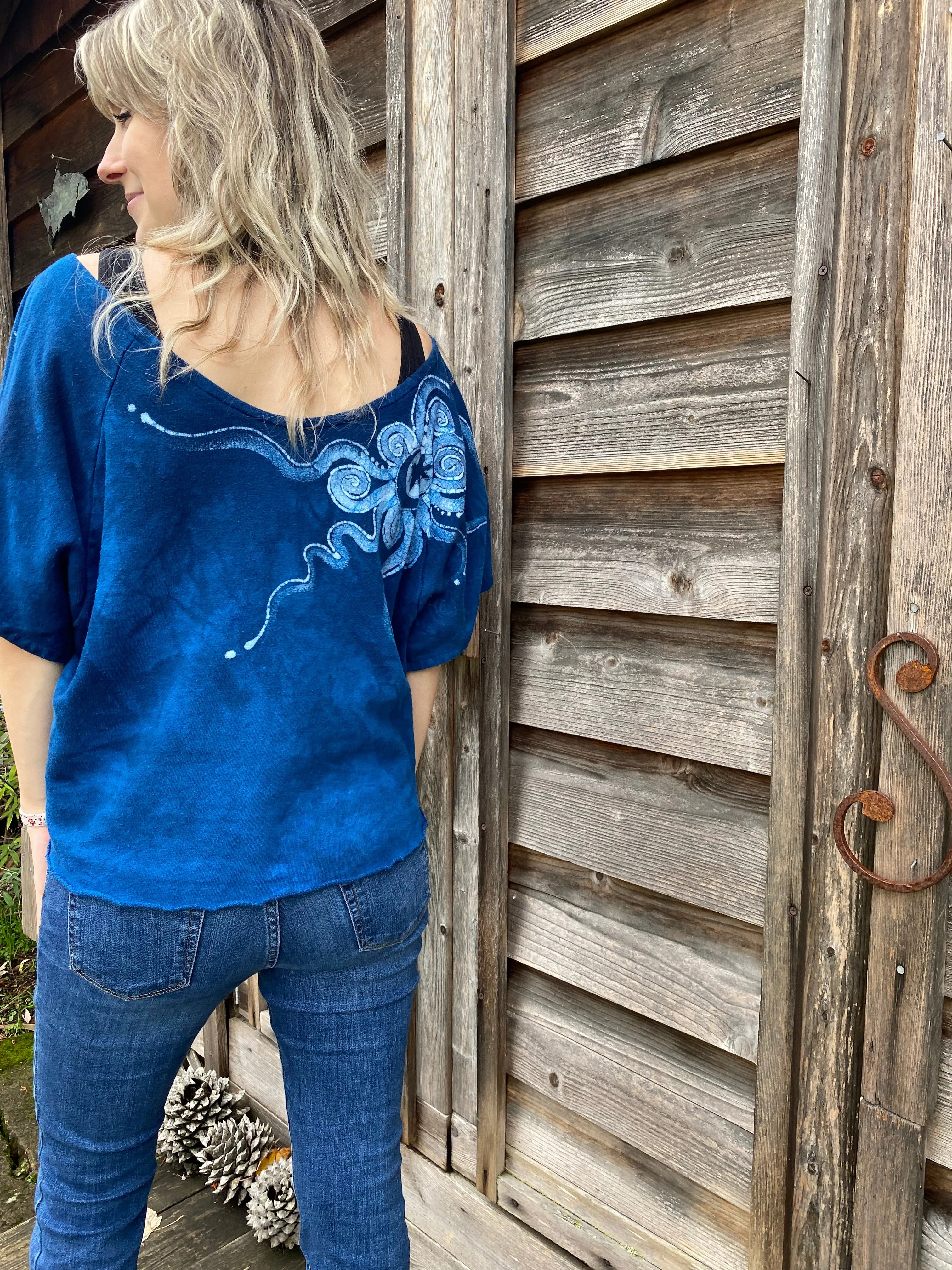 Bluest of Moons Organic Cotton Terry Handmade Batik Top - M/L (Oversized)