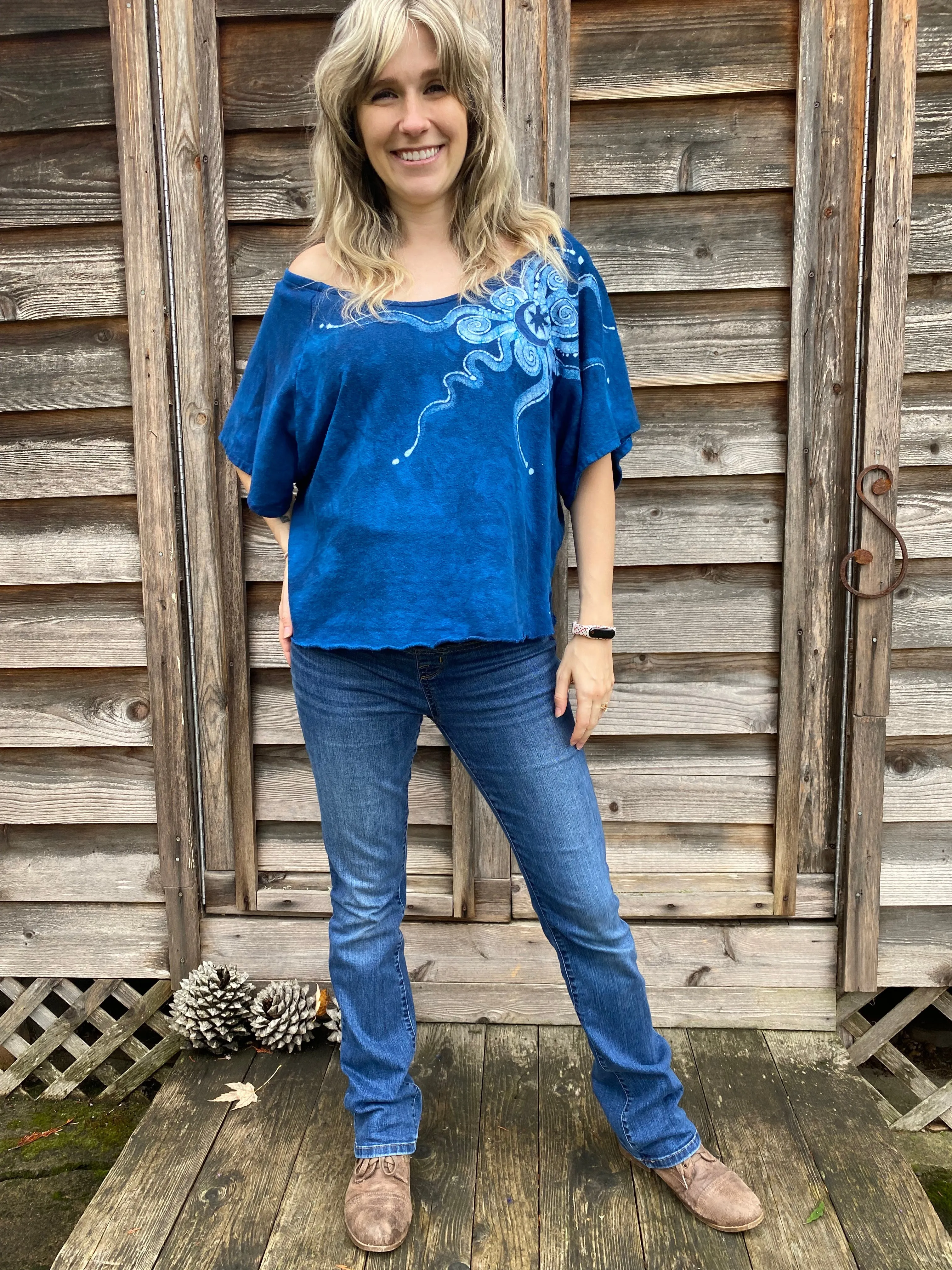 Bluest of Moons Organic Cotton Terry Handmade Batik Top - S/M (Oversized)