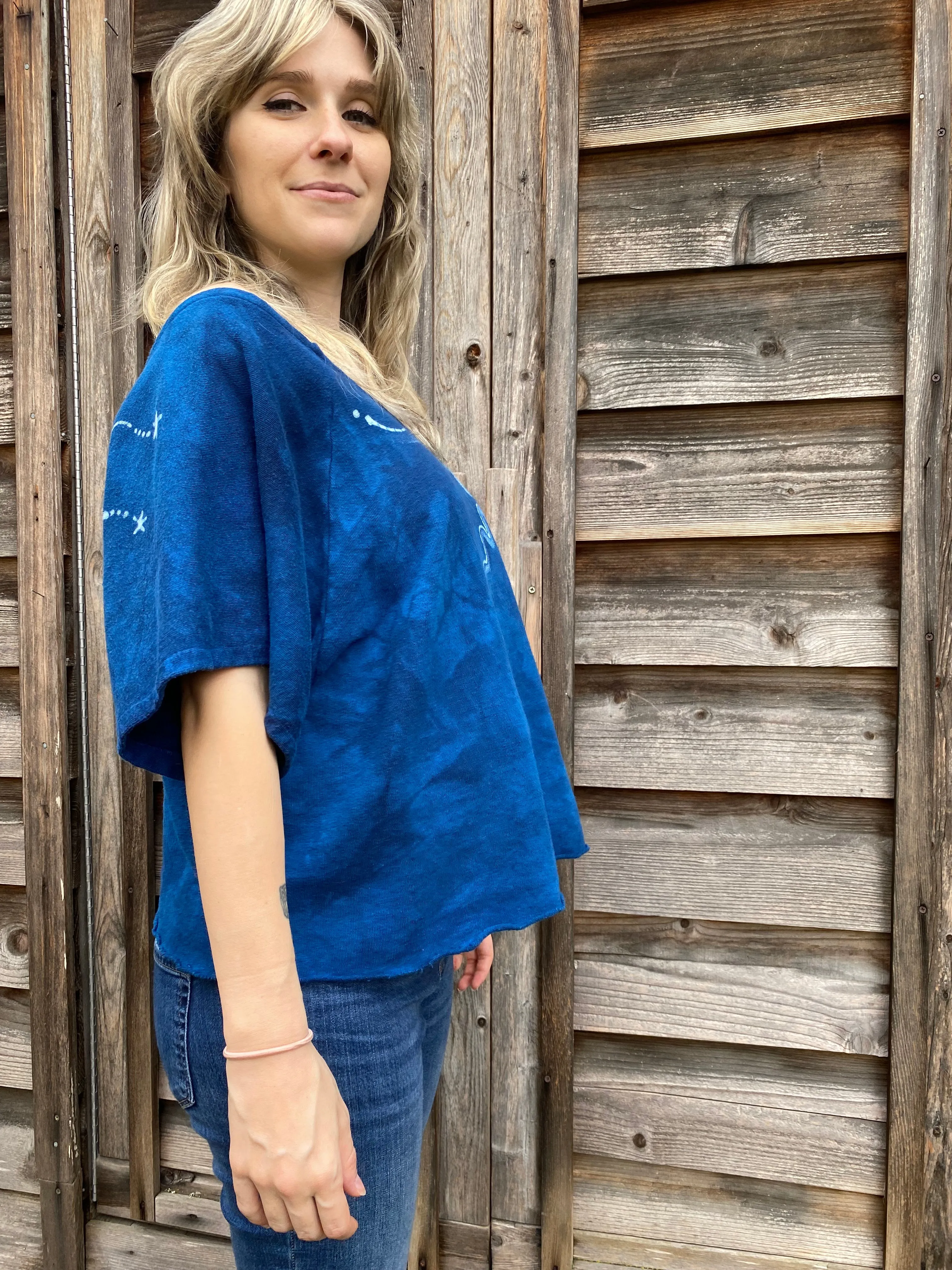 Bluest of Moons Organic Cotton Terry Handmade Batik Top - S/M (Oversized)