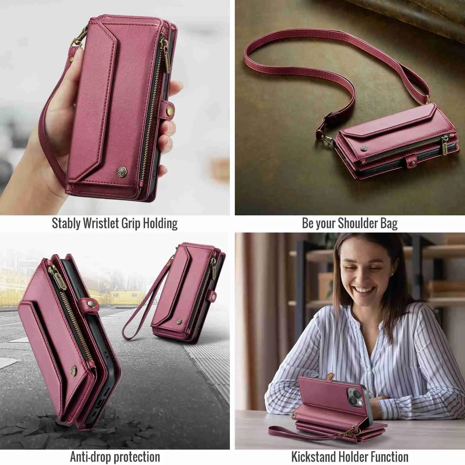 For Iphone 15 Card Slots Zipper Wallet Rfid Anti-Theft Leather Phone Case