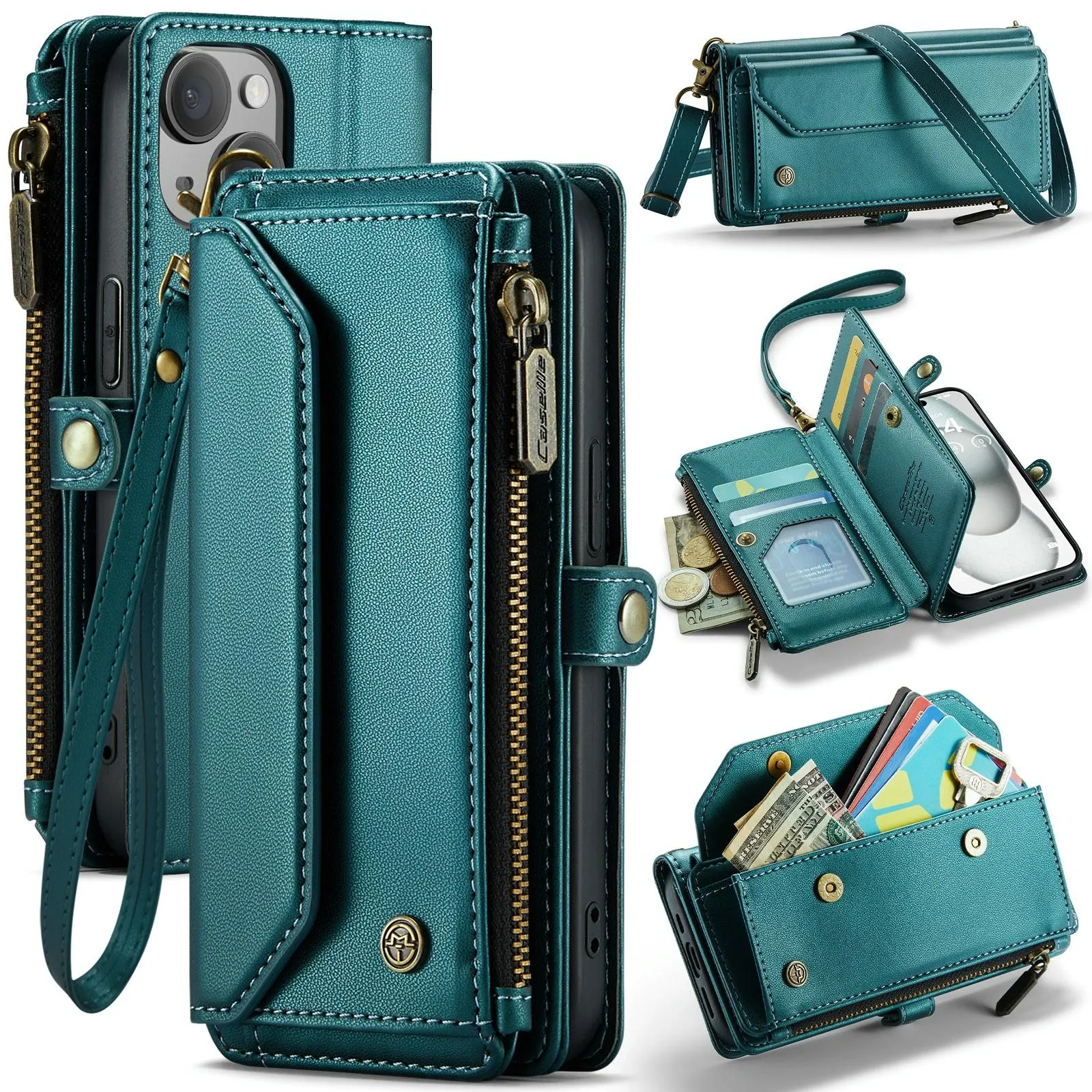 For Iphone 15 Card Slots Zipper Wallet Rfid Anti-Theft Leather Phone Case