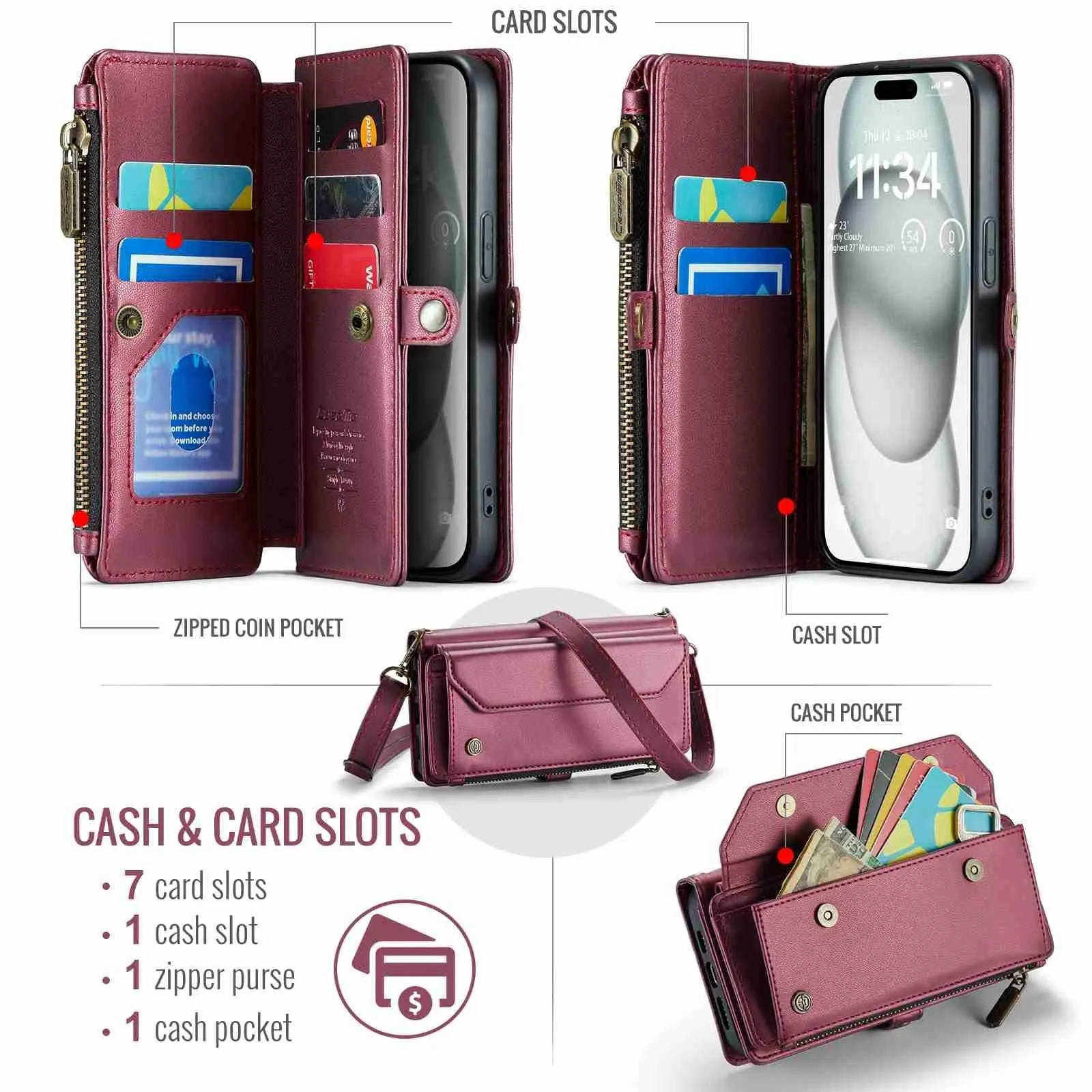 For Iphone 15 Card Slots Zipper Wallet Rfid Anti-Theft Leather Phone Case