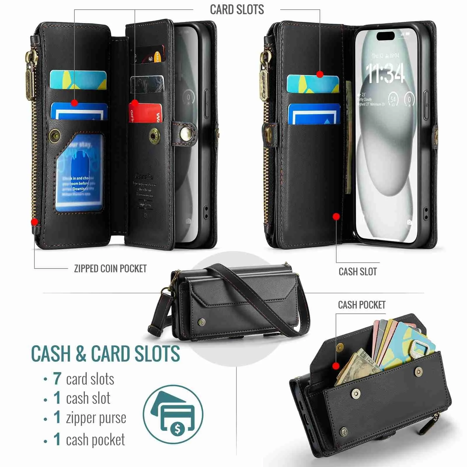 For Iphone 15 Card Slots Zipper Wallet Rfid Anti-Theft Leather Phone Case