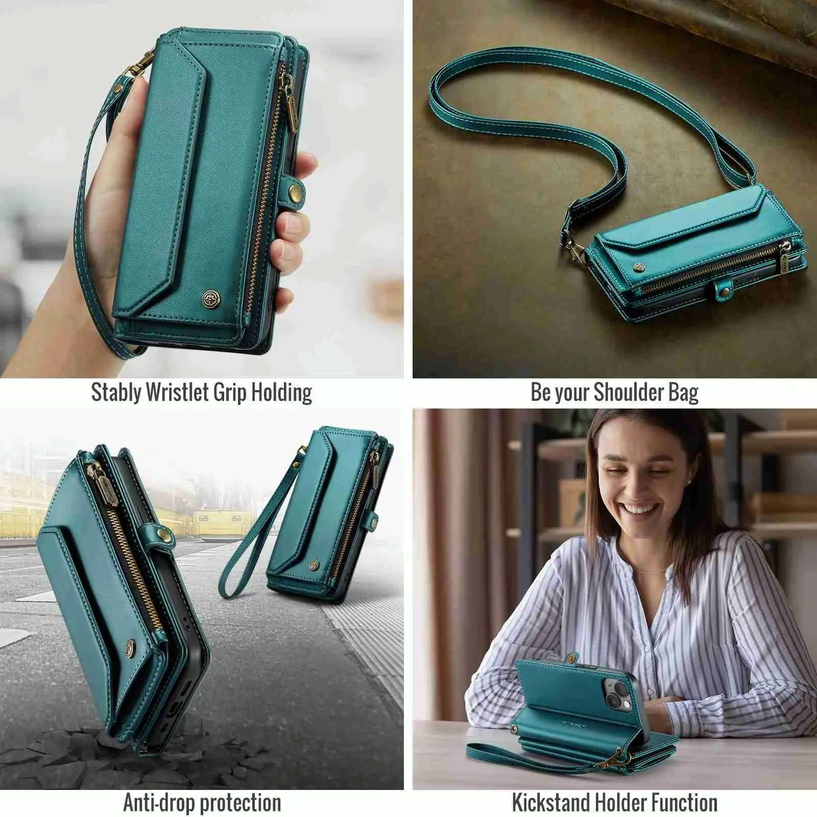 For Iphone 15 Card Slots Zipper Wallet Rfid Anti-Theft Leather Phone Case
