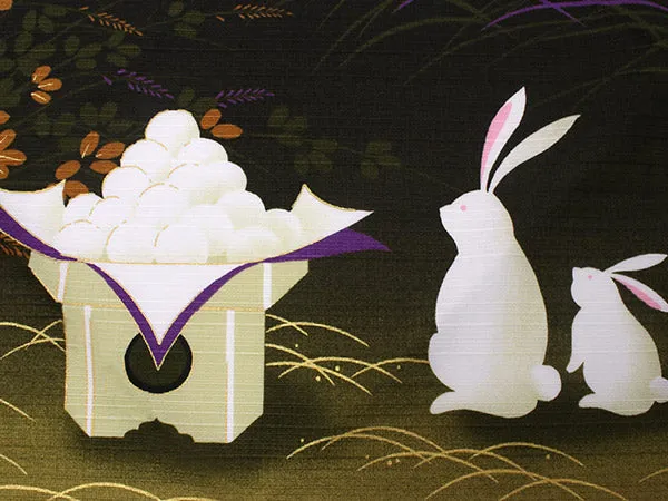 Furoshiki, Japanese Traditional Handkerchief Wrapping Cloth - Small, Black Tsukimi Rabbits Moon
