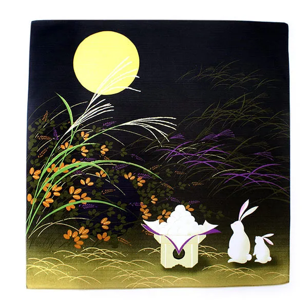 Furoshiki, Japanese Traditional Handkerchief Wrapping Cloth - Small, Black Tsukimi Rabbits Moon