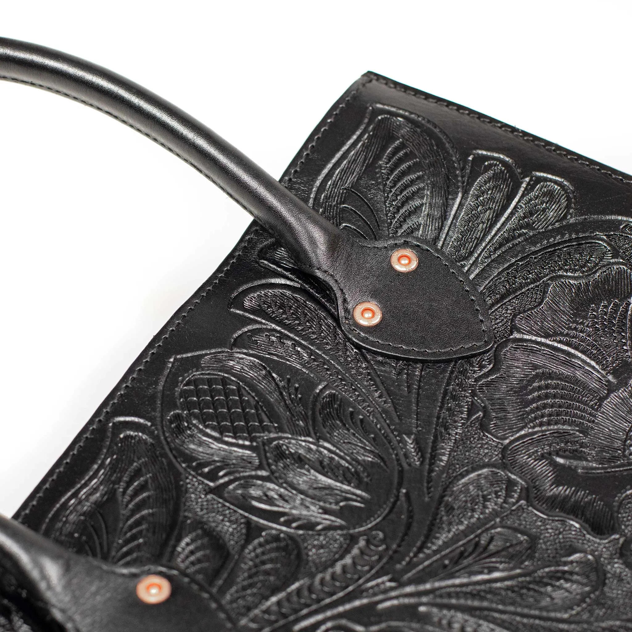 Hand-tooled leather tote bag in black