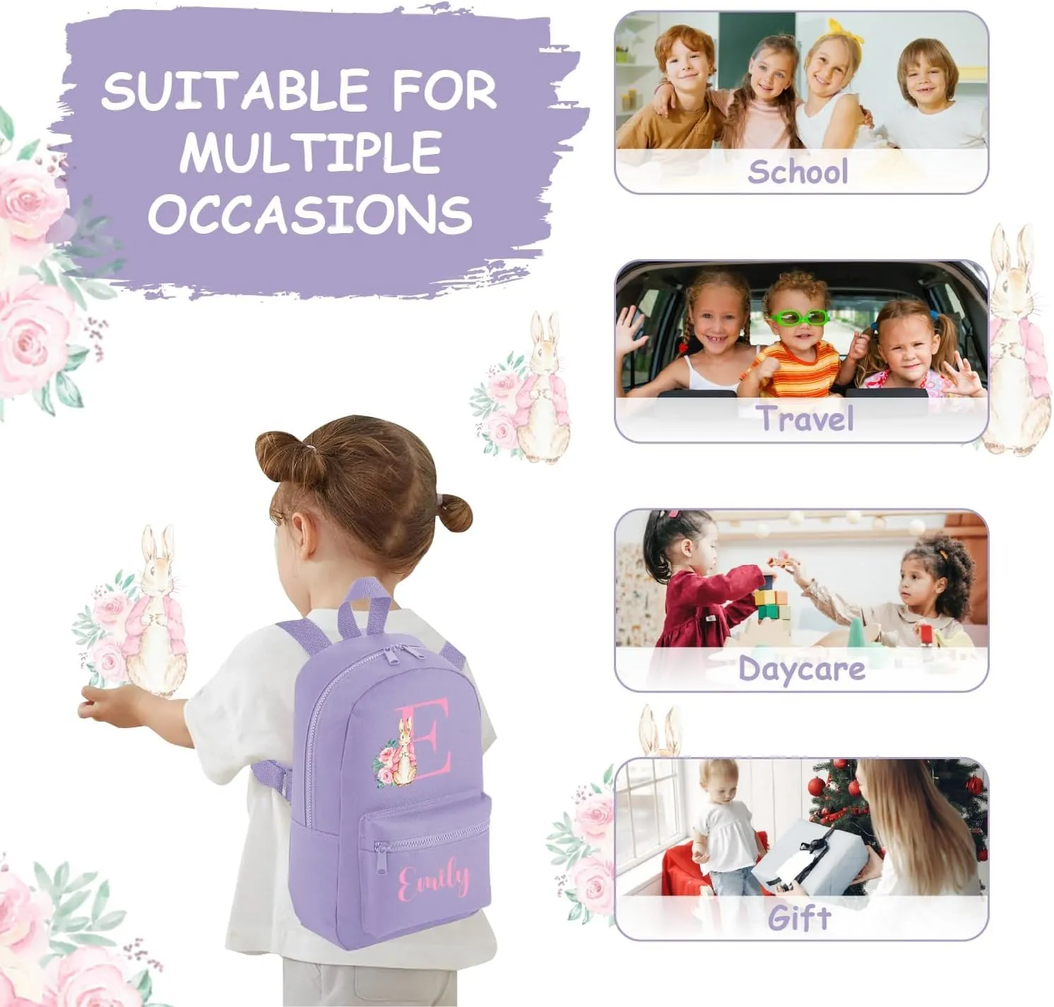 Hoolaroo Personalised Toddler Backpack Baby Kids Lilac Pink Bunny Rabbit Rucksack Girls 35 x 23 x 12 cm Nursery Bag Gift