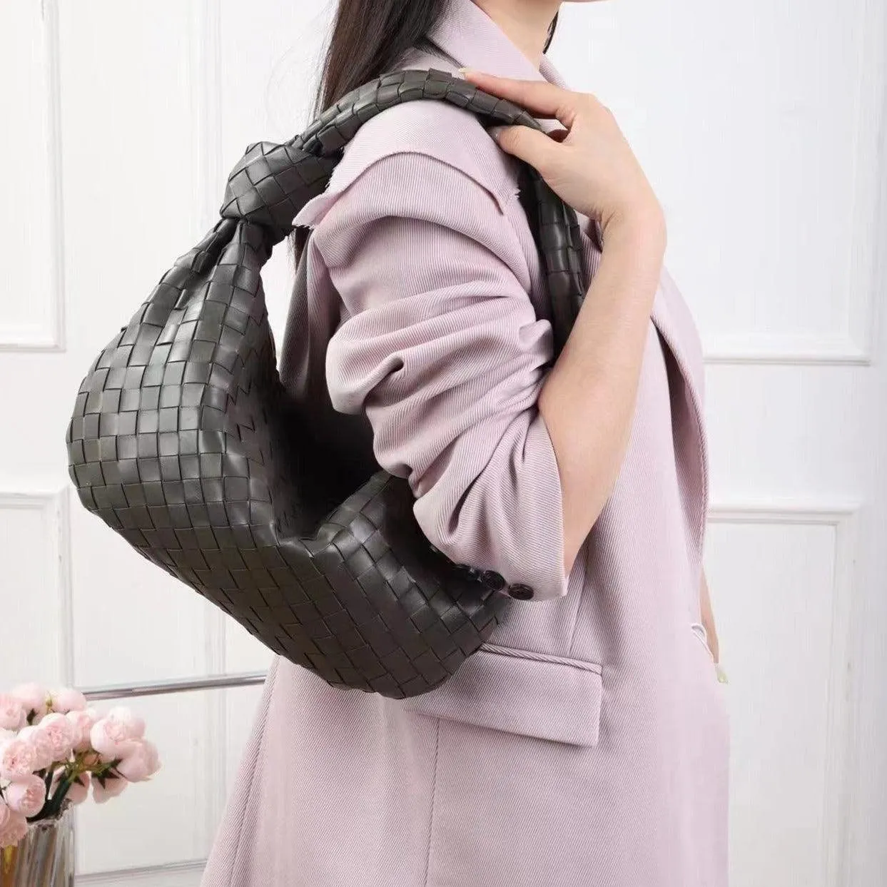 Large Lambskin Leather Knotted Intrecciato Handbag, Handcrafted Premium Quality Dumpling Bag, Daily Fashion Lady Bag, Designer Tote Bag