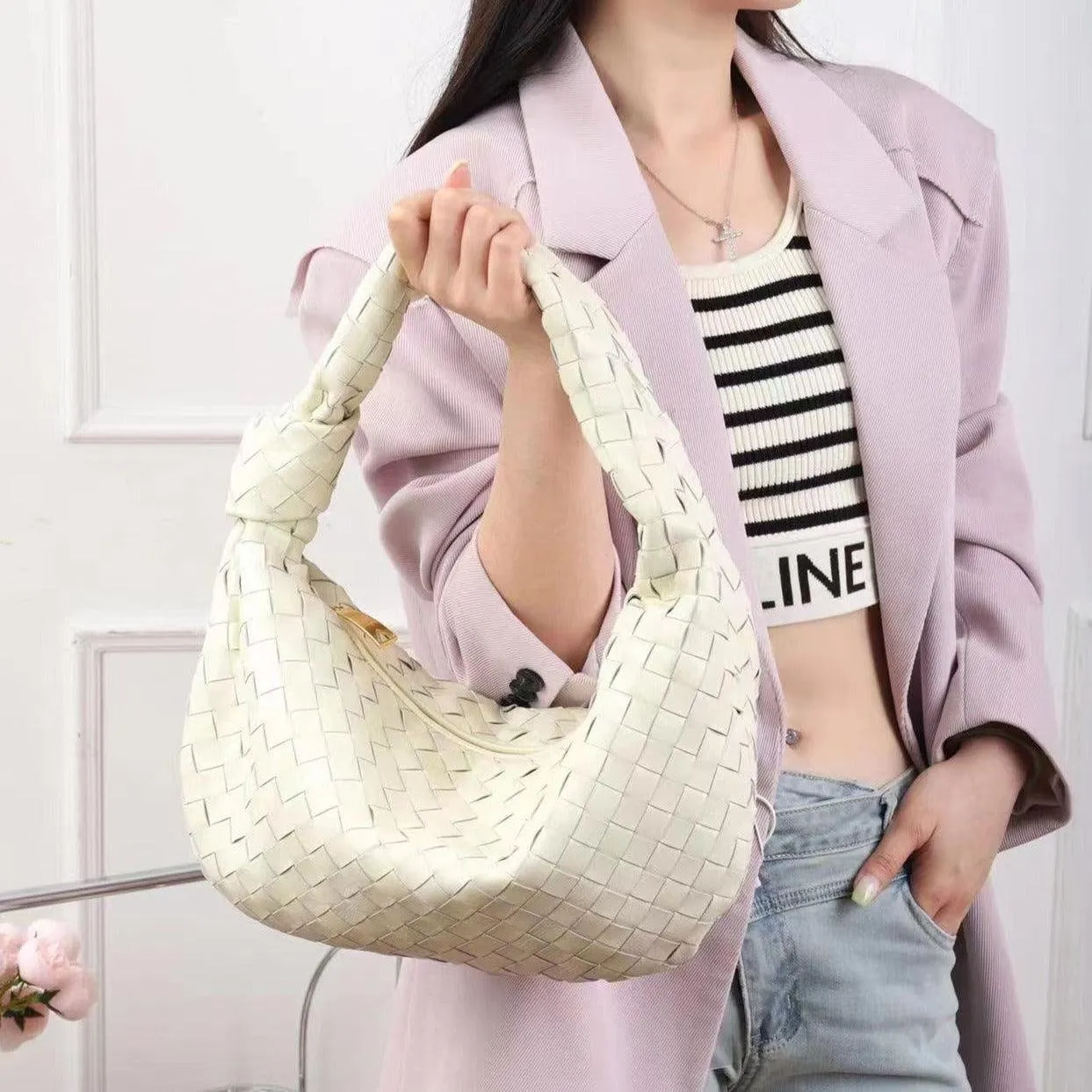 Large Lambskin Leather Knotted Intrecciato Handbag, Handcrafted Premium Quality Dumpling Bag, Daily Fashion Lady Bag, Designer Tote Bag