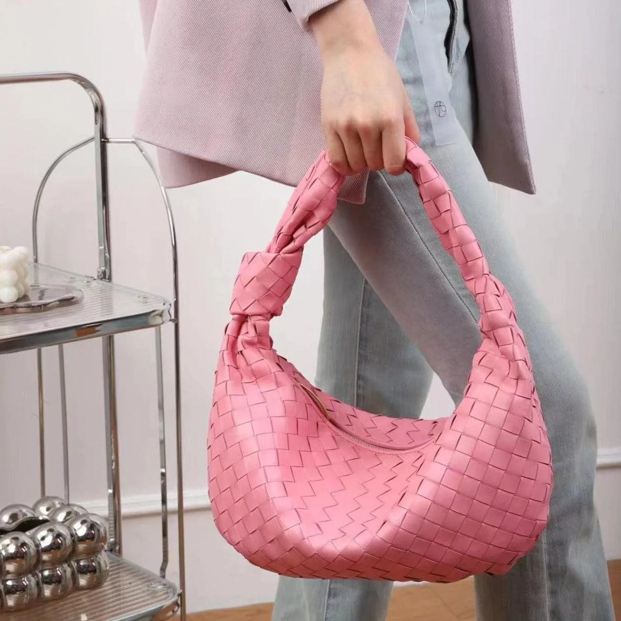 Large Lambskin Leather Knotted Intrecciato Handbag, Handcrafted Premium Quality Dumpling Bag, Daily Fashion Lady Bag, Designer Tote Bag