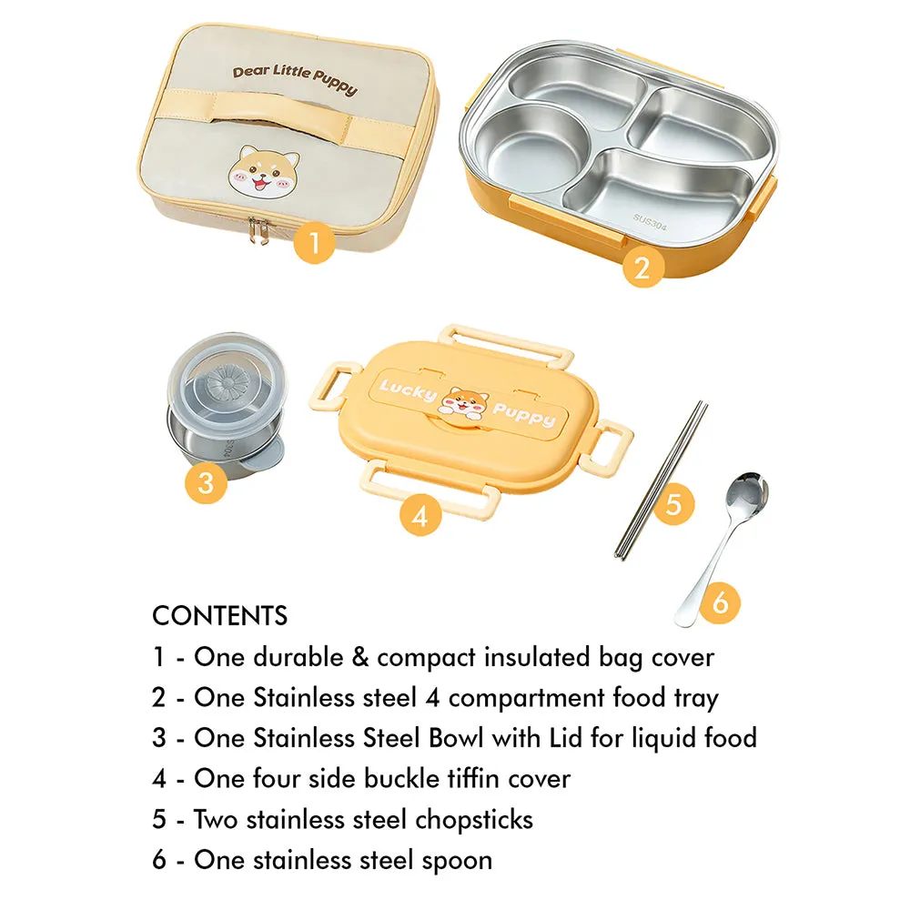 Little Surprise Box, Cute Puppy Big Size Stainless Steel Lunch Box /Tiffin With Insulated Matching Lunch Bag, stainless steel spoon and chopsticks for Kids & Adults
