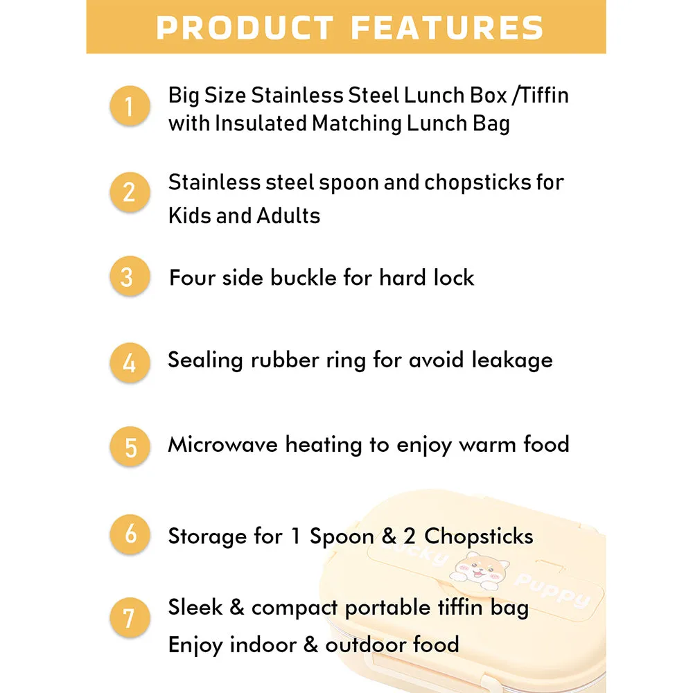 Little Surprise Box, Cute Puppy Big Size Stainless Steel Lunch Box /Tiffin With Insulated Matching Lunch Bag, stainless steel spoon and chopsticks for Kids & Adults
