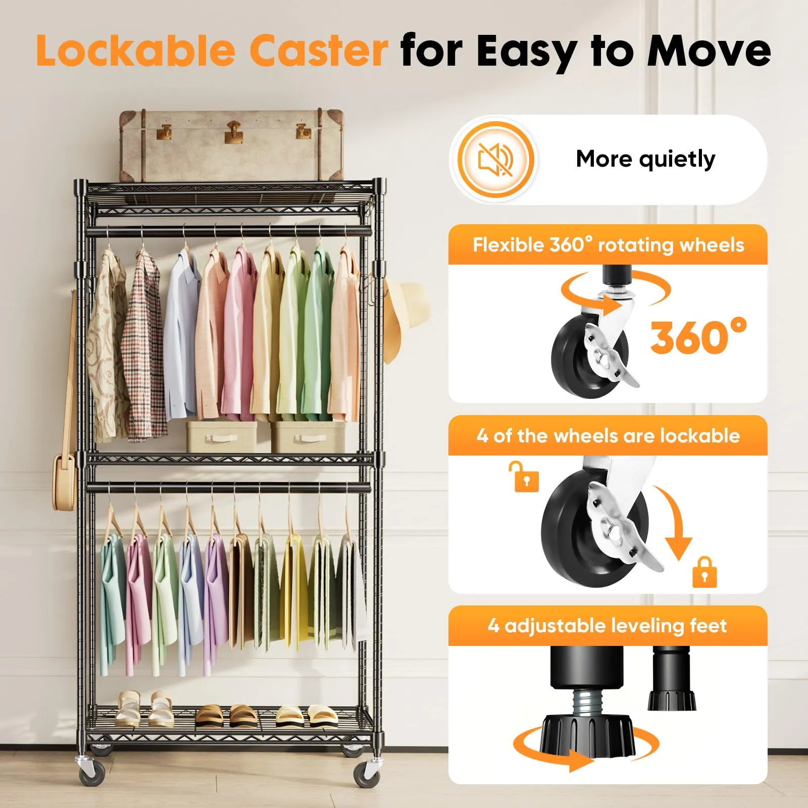 Sweetcrispy Medium Rolling Clothes Rack, Heavy Duty Garment Racks 3 Tiers Portable Adjustable Wire Shelves with Wheels, Hanging Rods, Hooks Freestanding Clothing Wardrobe Closet (15.7"Lx29.5"Wx75.5"H)