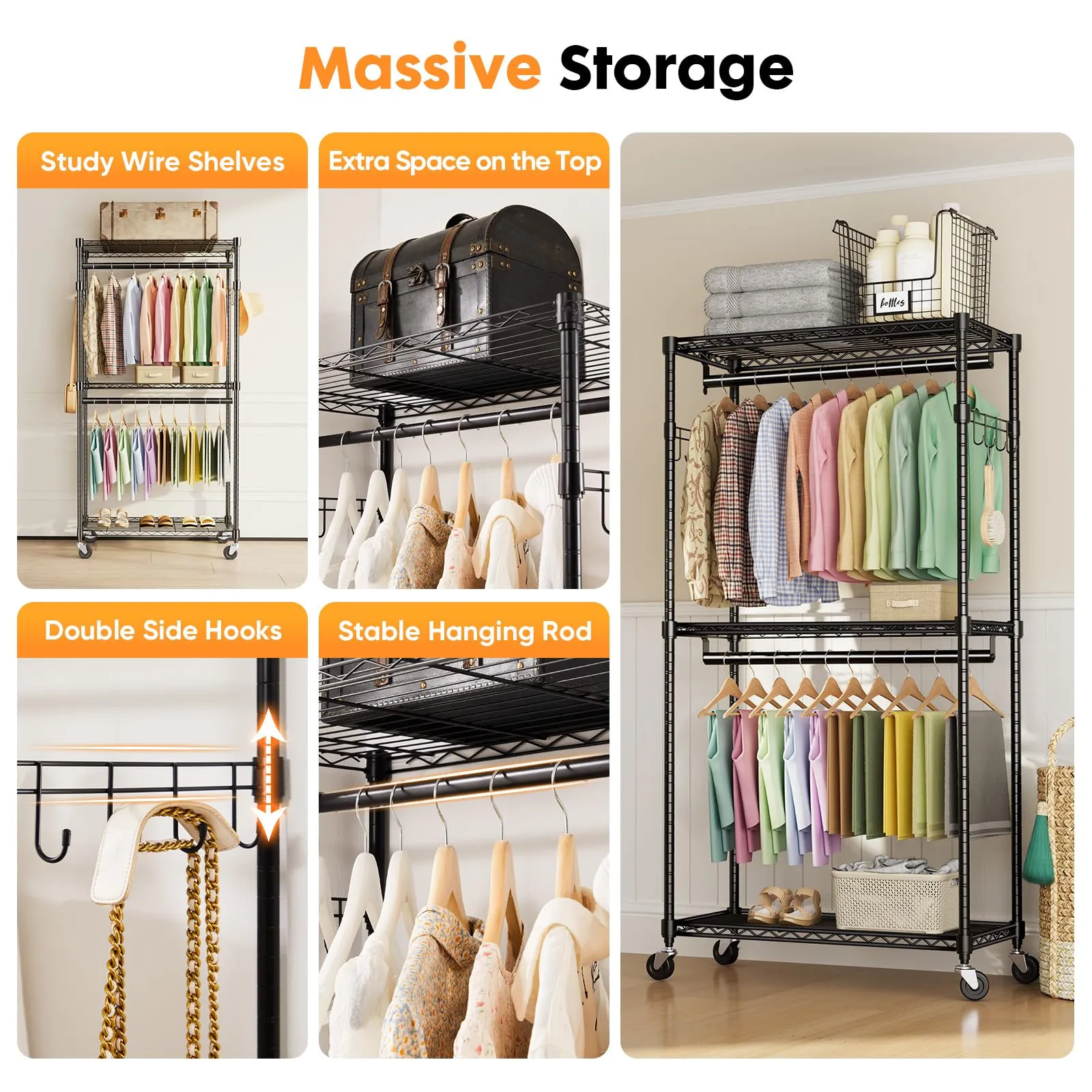Sweetcrispy Medium Rolling Clothes Rack, Heavy Duty Garment Racks 3 Tiers Portable Adjustable Wire Shelves with Wheels, Hanging Rods, Hooks Freestanding Clothing Wardrobe Closet (15.7"Lx29.5"Wx75.5"H)
