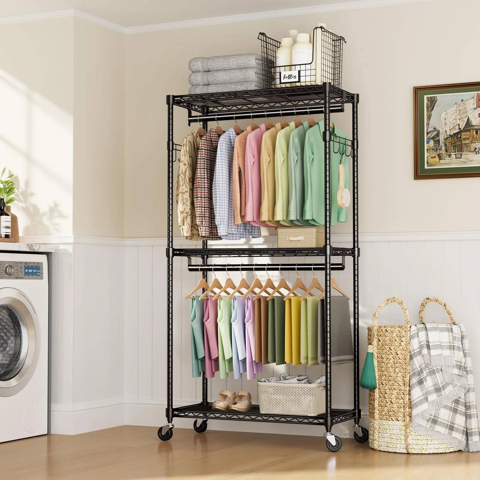 Sweetcrispy Medium Rolling Clothes Rack, Heavy Duty Garment Racks 3 Tiers Portable Adjustable Wire Shelves with Wheels, Hanging Rods, Hooks Freestanding Clothing Wardrobe Closet (15.7"Lx29.5"Wx75.5"H)
